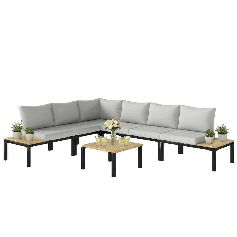 Outsunny Salon de Jardin Modulaire 6 Pièces Ensemble Canapé Extérieur Transformable en Lit Table Basse et Plateaux Latéraux Gris