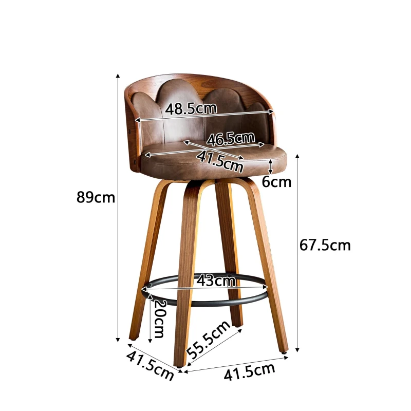 Lot de 2 tabourets de bar, dossier floral en bois courbé avec accoudoirs, 46,50x41,50x89,00 cm, Marron