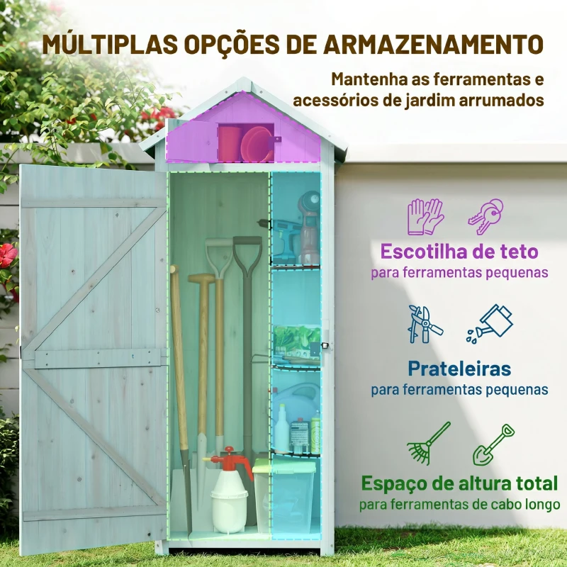 Outsunny Armário de Jardim de Madeira 77x54,2x179 cm 0,3 m² Armário de Armazenamento com 3 Prateleiras e 2 Portas Azul Claro
