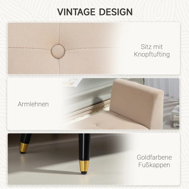 HOMCOM Opslagbank met Armleuningen, Fluweelachtig Polyester, Rubberhout, 107 x 42 x 65 cm, Beige