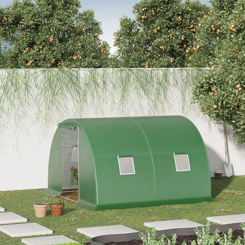 Outsunny Serre de jardin tunnel 9 m² 4 fenêtres, porte zippée enroulable châssis acier galvanisé, bâche PE 3 x 3 x 2 m vert
