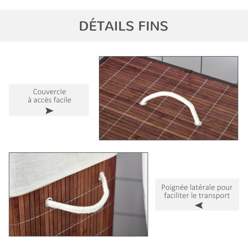 HOMCOM Panier à linge 100L avec 2 bacs bambou pliable couvercle poignée avec Sac amovible et lavable marron