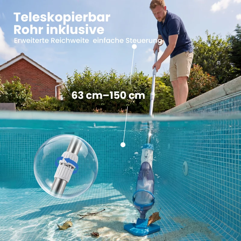 Outsunny Zwembadreiniger, draadloze stofzuiger met verstelbare steel (63-150 cm) en borstel, geschikt voor kleine zwembaden, jacuzzi's en vijvers