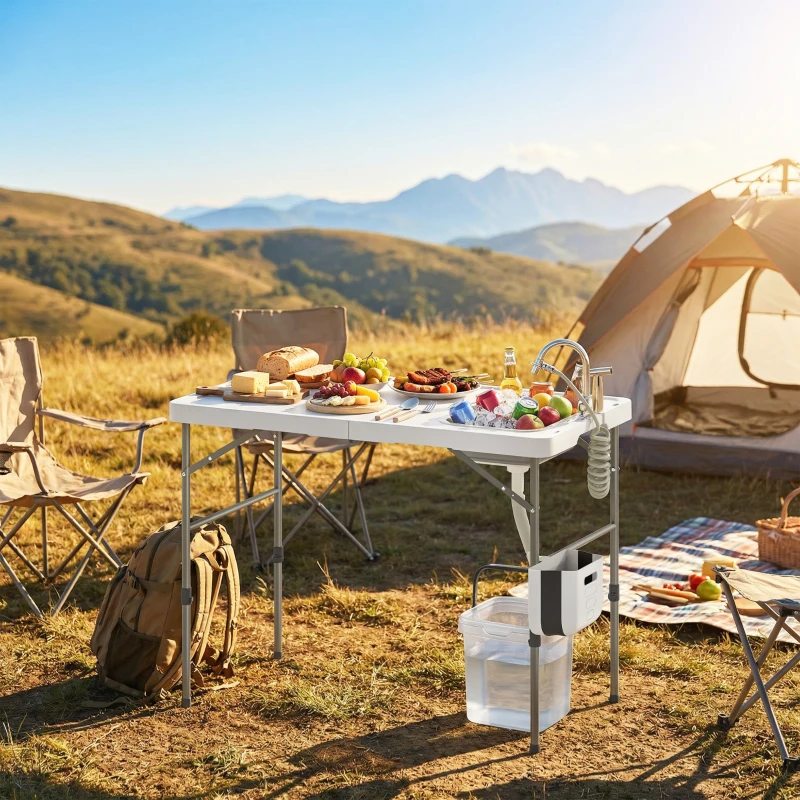 Outsunny Mesa Plegable Camping con Fregadero Grifo Altura Regulable Cubo Plegable Ranuras Regla y Bolsa de Transporte