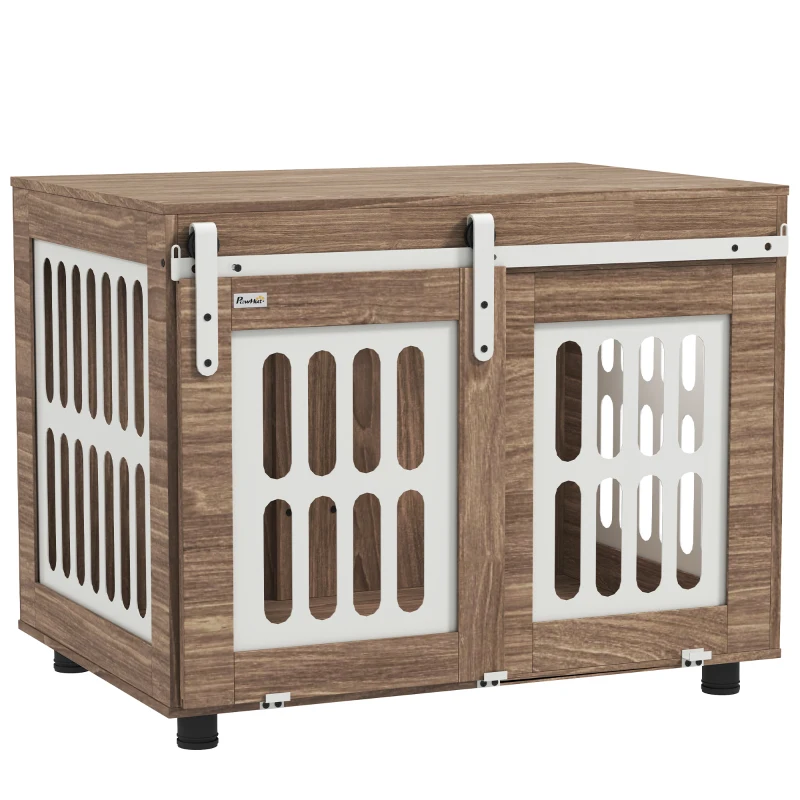 PawHut Meuble cage pour chien avec porte coulissante, maison pour chien de moyenne, table d'appoint, 80 x 59 x 63 cm, noyer