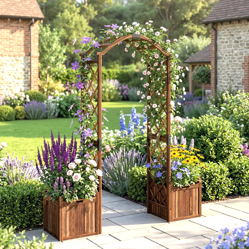 Outsunny Wooden Garden Arch with 2 Planter Boxes, Outdoor Rose Arch Trellis for Climbing Vines, Carbonised