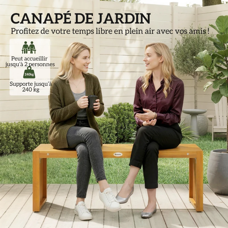 Outsunny Banc de Jardin en Bois d'Acacia sans Dossier 2 Places, Assise à Lattes Effet Bois, 110x30x45cm, Bois naturel