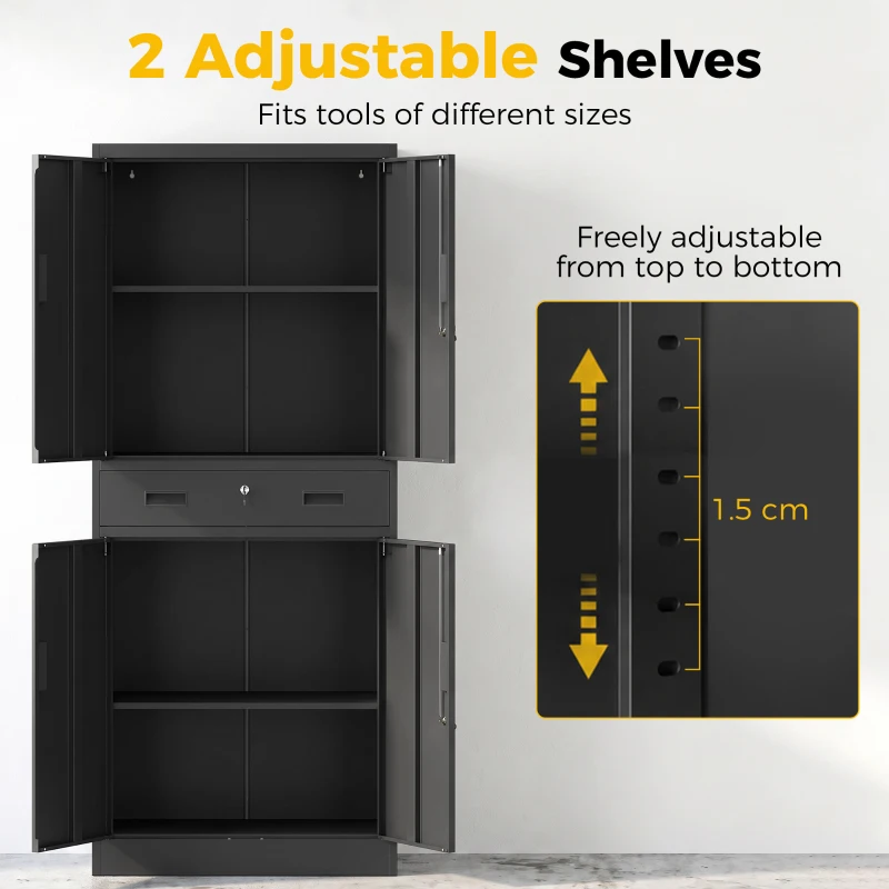 HOMCOM Metal Storage Cabinet, 180cm Tall Tool Cabinet with Locking Doors, Drawer and Adjustable Shelves, Black