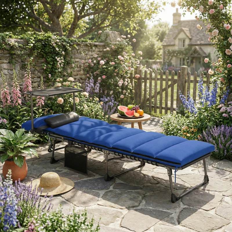 Outsunny Folding Sun Lounger with Canopy, Reclining Sunbed with Cushion, Side Pocket, Carrying Handle, Dark Blue
