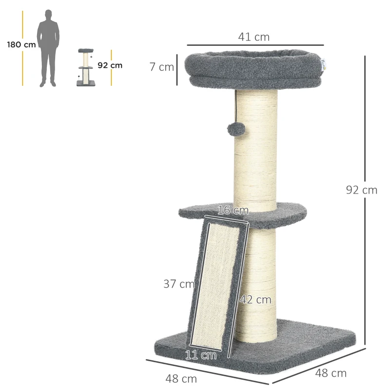 PawHut kattenboom, een platform, hangende speelgoedbal, sisal, donkergrijs+roomwit, 48 x 48 x 92 cm