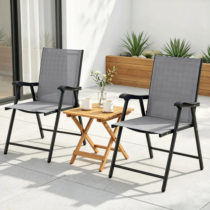Outsunny Folding Garden Chairs Set of 2, Foldable Garden Dining Chairs with High Back, Armrests, Texteline Seat, Light Grey