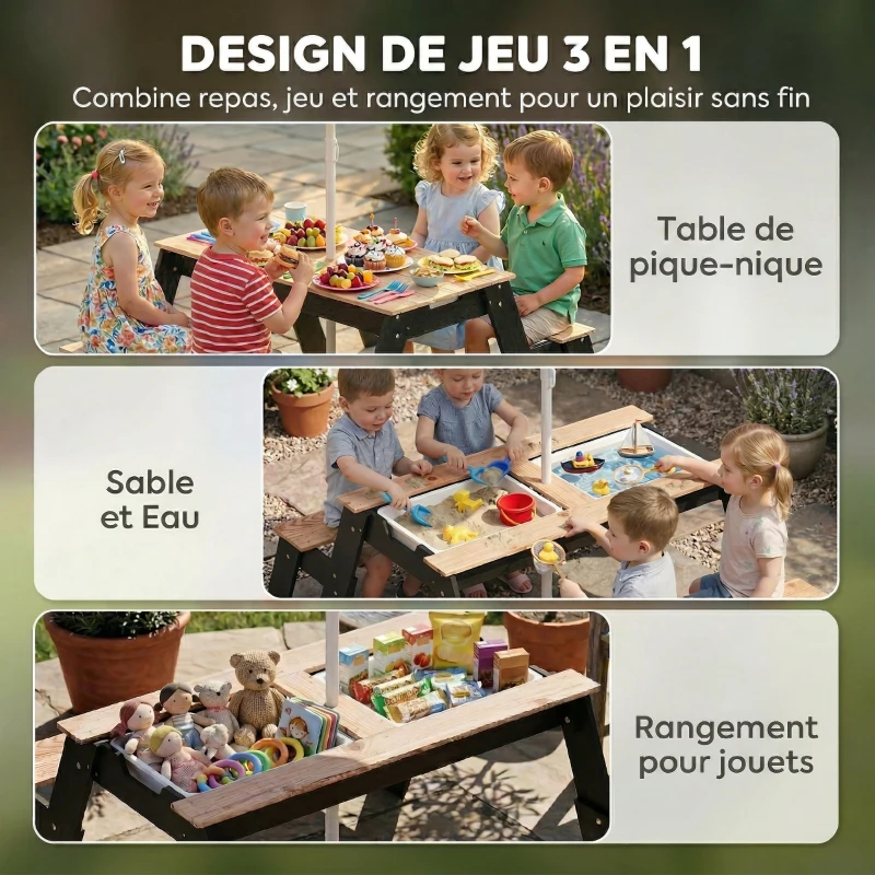 AIYAPLAY Table de pique-nique enfants avec parasol, 3 en 1 salon de jardin en bois pour enfants 3-6 ans avec 2 boîtes, naturel