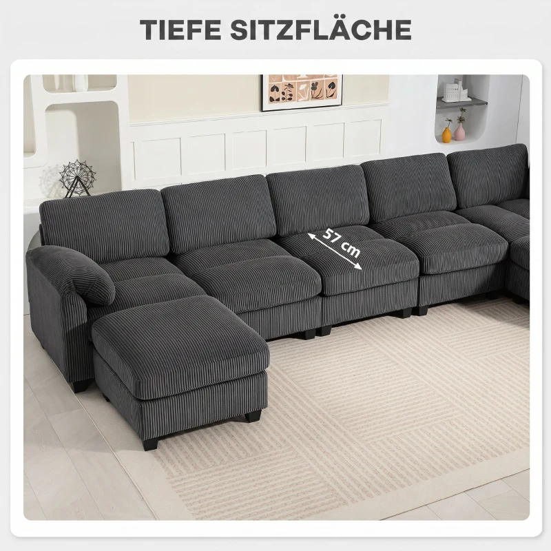 HOMCOM Hoekbank U-vorm Sofa Bank met Verenkussens Gevoerde Armleuningen Verplaatsbare Ottomaan Corduroy 292x224x85 cm Donkergrijs