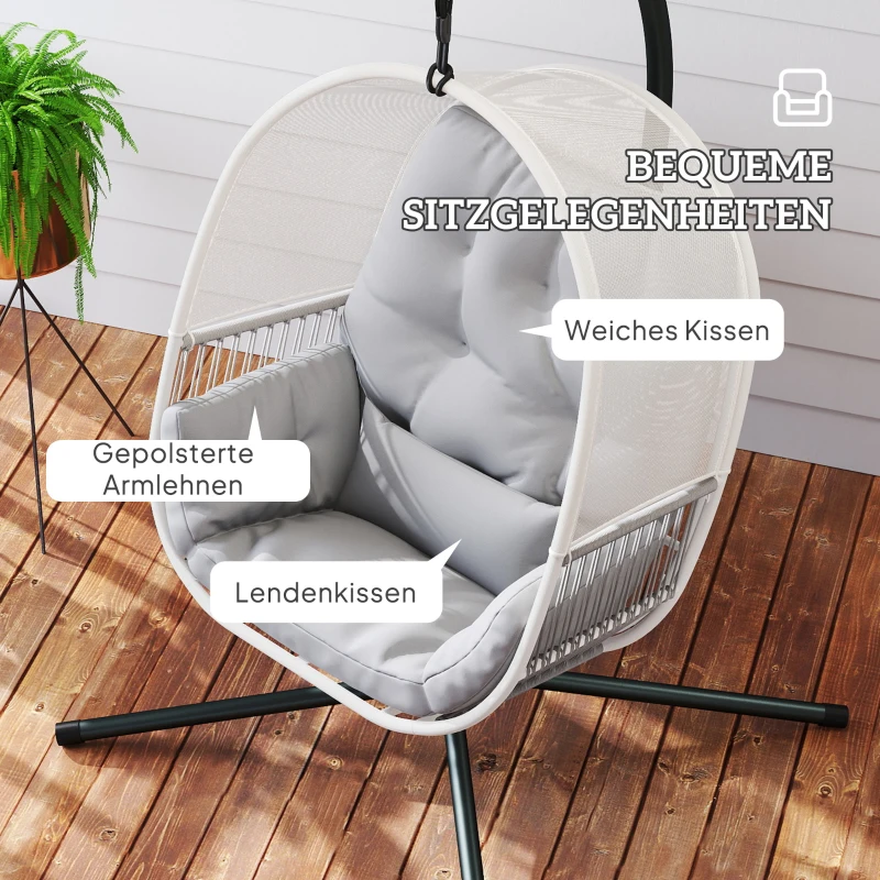 Outsunny Hangstoel met Frame, Eivormige Hangschommel met Zacht, Diep Kussen, Zitkussens Lichtgrijs
