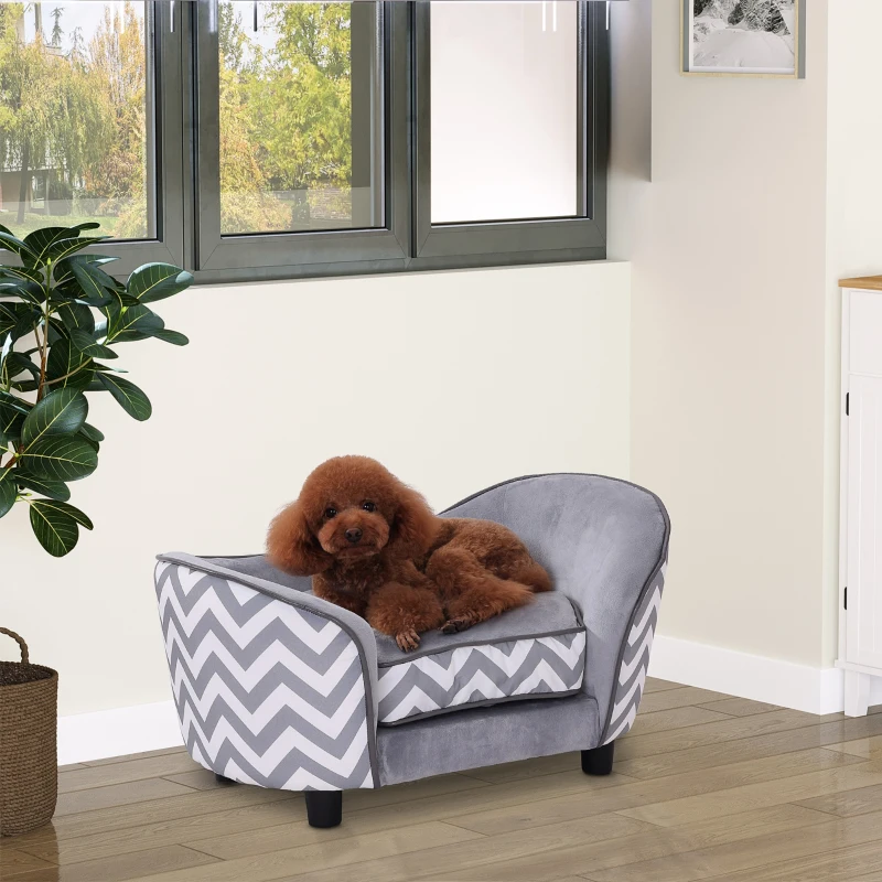 PawHut Canapé chien chat sur pied style graphique contemporain coussin amovible lavable grand confort + pochette rangement 68,5L x 40,5l x 40,5H cm gris blanc
