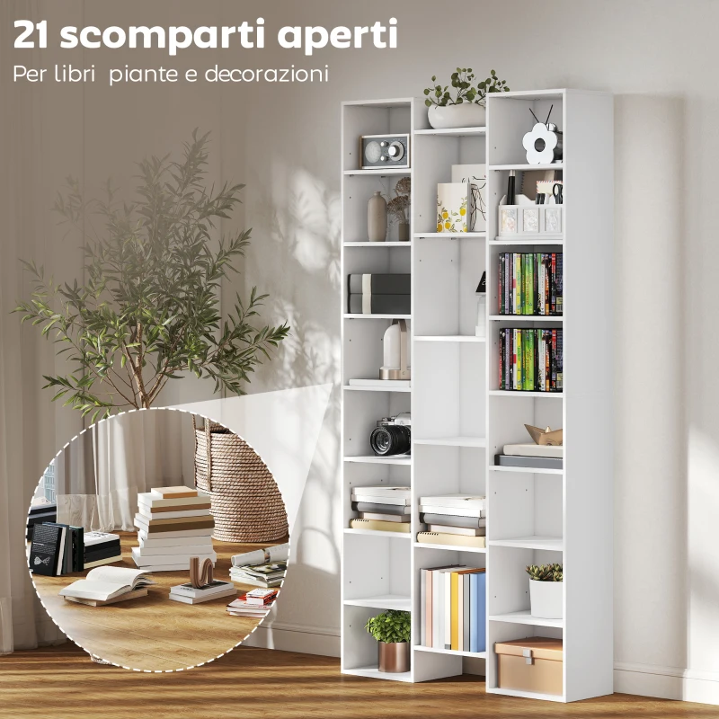 HOMCOM Libreria Moderna in Legno Alta 181 cm con 21 Scomparti e 10 Ripiani Regolabili, Bianco