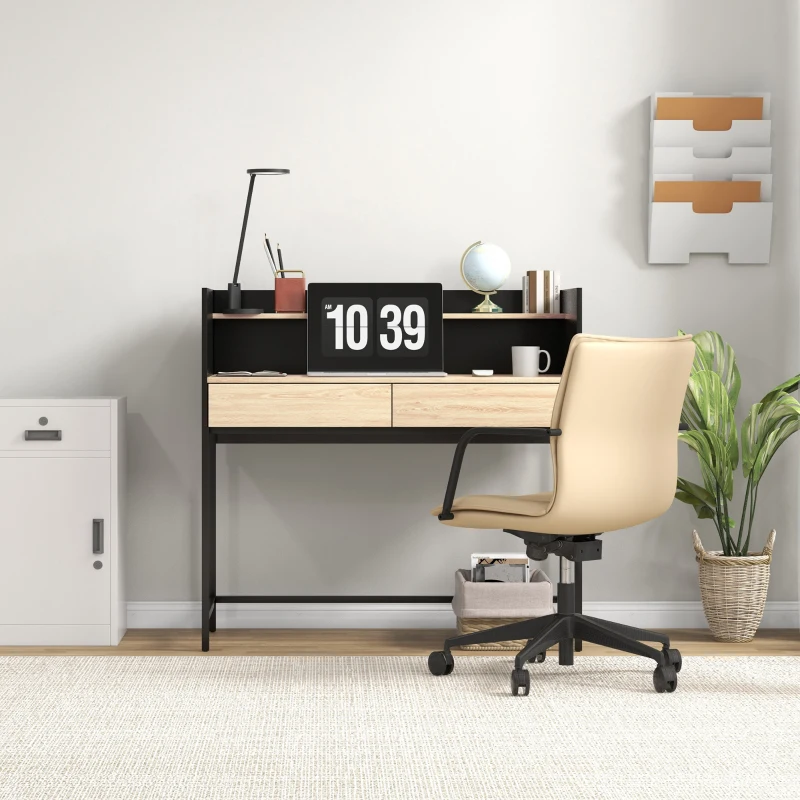HOMCOM Birou cu 2 sertare și raft superior, din lemn și oțel, 106x51.5x102.5 cm, negru și culoarea stejarului