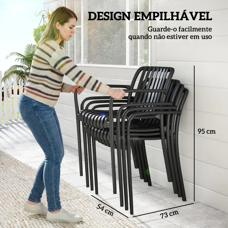 Outsunny Conjunto de 4 Cadeiras de Jardim Empilháveis em PP com Encosto Curvado e Assento com Ripas 55x58,5x81,5 cm Preto
