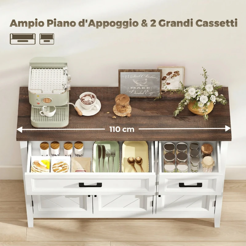 HOMCOM Credenza Cucina in Legno con 3 Ante a Fienili, 2 Cassetti e 2 Ripiani Regolabili, Bianco