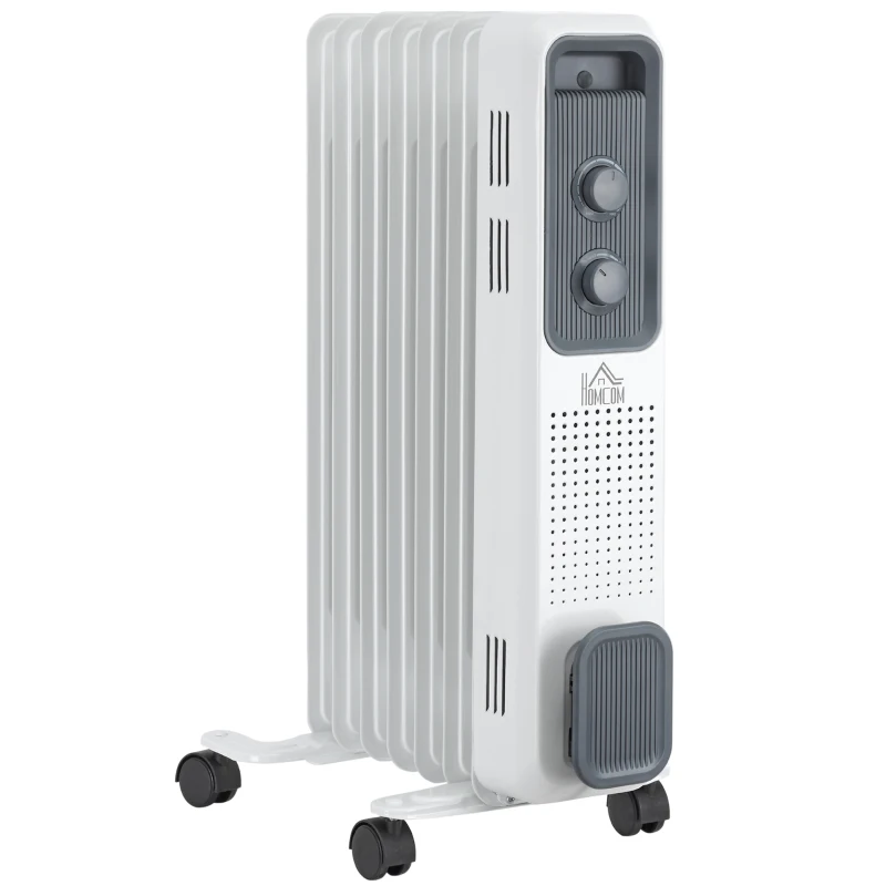HOMCOM Portable Oil Filled Radiator, 7 Fins Electric Heater with Adjustable Thermostat, 3 Heat Settings and Safe Power-Off, White
