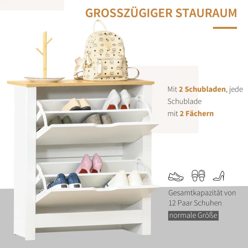 HOMCOM Schoenenkast Schoenenrek Schoenenopslag, 2 vakken, 12 paar schoenen, 72 cm x 26 cm x 80 cm, Wit + Bruin(m-4)