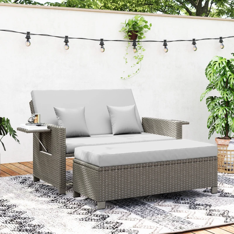Outsunny Rattan Day Bed, with Footstool - Light Grey
