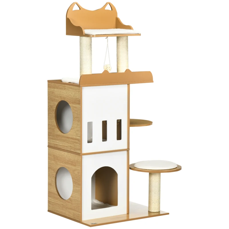 PawHut Arbre à chat design contemporain griffoirs grattoirs 2 niches plate-formes 5 coussins sisal naturel hauteur 133 cm blanc