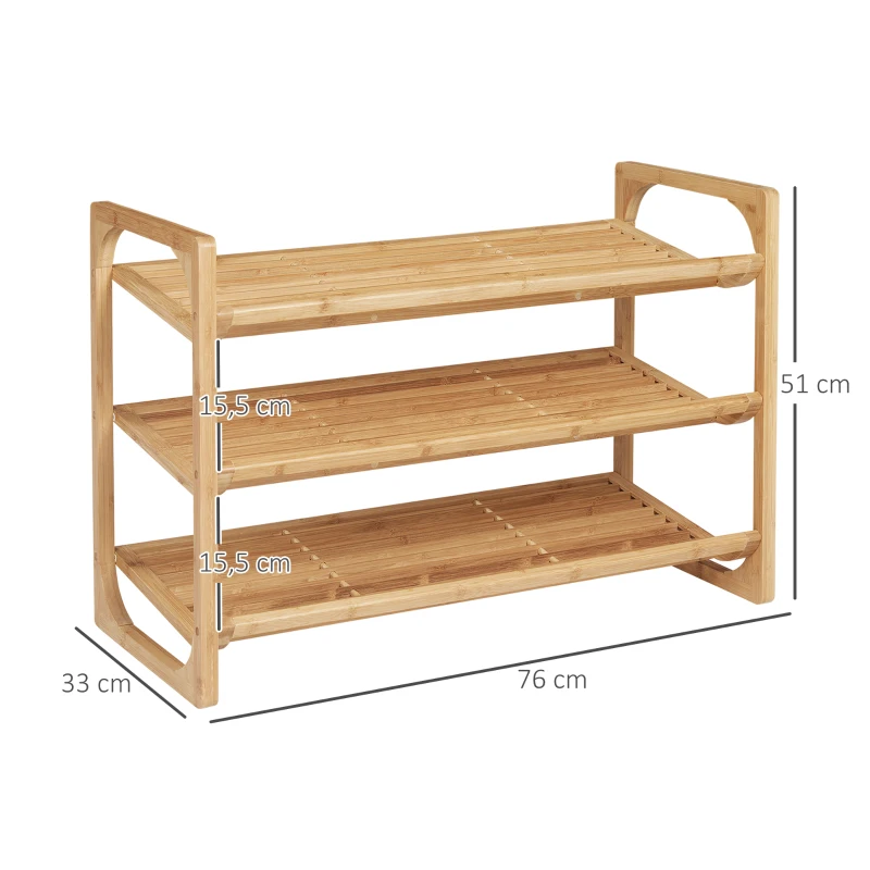 HOMCOM Schoenenrek voor 9 paar schoenen, 3 niveaus, opstaande randen, bamboehout, 76 x 33 x 51 cm(m-3)