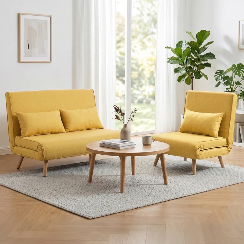 HOMCOM Sofá Cama Individual Plegable con Respaldo Ajustable 5 Posiciones Sillón Cama Tapizado con Cojín 72x75x85 cm Amarillo