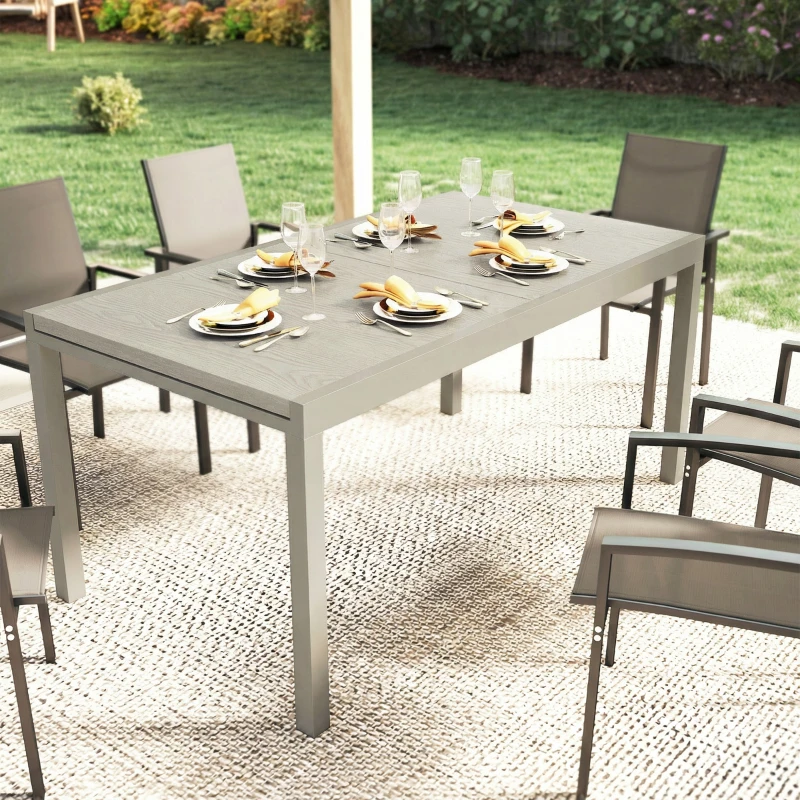 Outsunny Extending Garden Table, Aluminium Outdoor Dining Table for 8-10 with Wood-Like Grained Surface, Light Grey Wood Effect