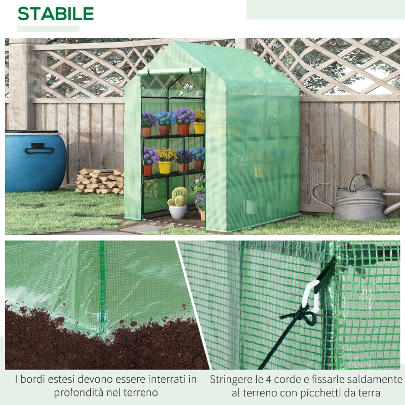 Outsunny Serra da Giardino con Scaffali, Copertura in PE e Porta Avvolgibile, 143x138x190 cm, Verde