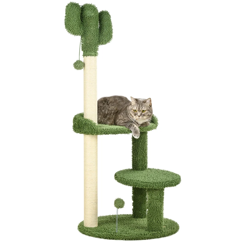 PawHut Albero per Gatti a forma di Cactus con Tiragraffi e 2 Palline da Gioco, 35x31x55.5 cm, Verde e Bianco