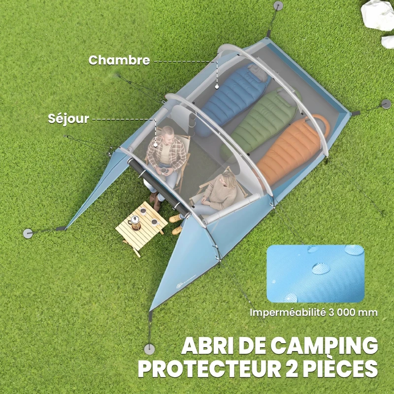 Outsunny Tente de camping familiale 3 personnes, tente tunnel imperméable, 2 portes fenêtres, ventilée 4,6 x 2,6 x 1,9 m, bleu