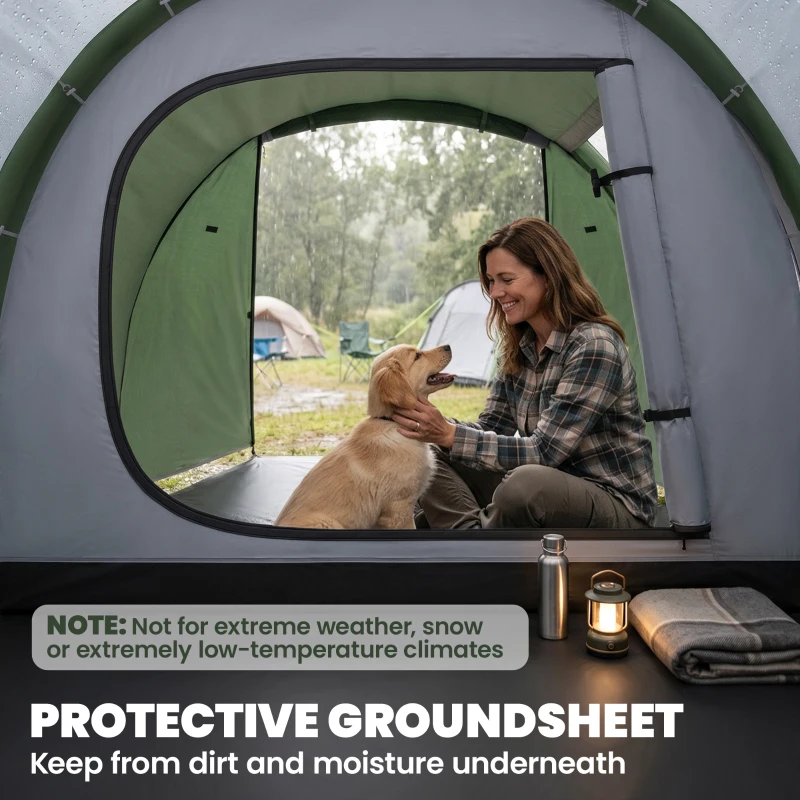 Outsunny 2 Man Tunnel Tent with Sewn-in Groundsheet, Air Vents, Rainfly, 2000mm Large Camping Tent with Bedroom, Porch, Living Area for Camping, Hiking, 426L x 206W x 154H cm, Dark Green