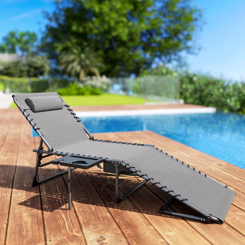Outsunny Espreguiçadeira Dobrável Espreguiçadeira Jardim com Encosto Ajustável Apoio de Cabeça Bolsa Lateral Bandeja 190x60x31 cm Cinza
