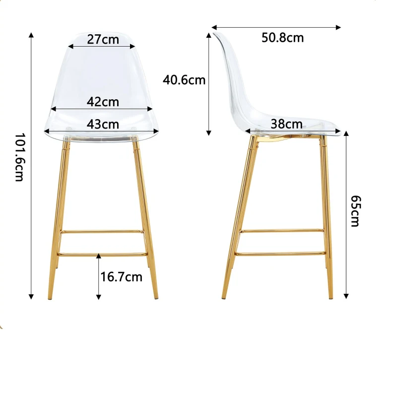 Lot de 2 tabourets de bar transparents, design moderne et aérien, 51x45x102 cm, Doré