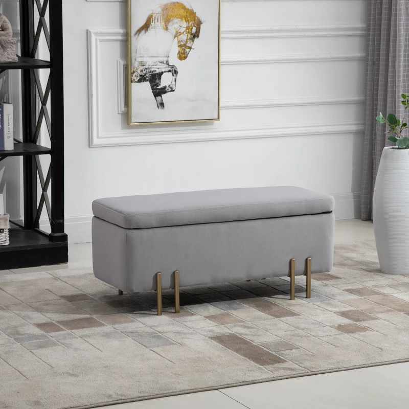 HOMCOM zitbank, gepolsterde bank met opbergruimte, kist, stof, metaal, schuimstof,lichtgrijs, 100 x 40 x 42 cm