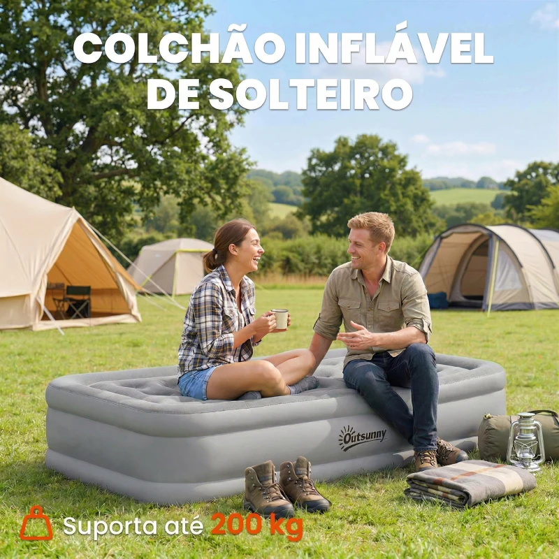 Outsunny Colchão Insuflável Individual Dobrável com Bomba, Enchimento em 3 Minutos, Esvaziamento em 2 Minutos, Bolsa, Suporta até 200 kg, 190x97x39 cm, Cinzento