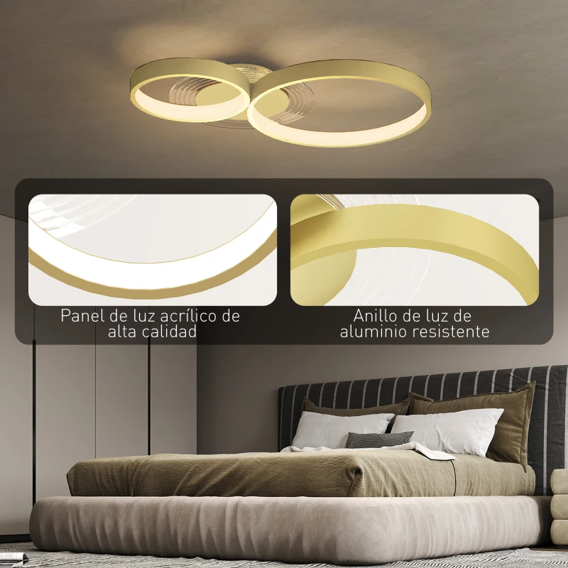 HOMCOM Lámpara de Techo LED 40W 3000 K/4000 K/6500 K para Dormitorio Salón Cocina Comedor Dorado