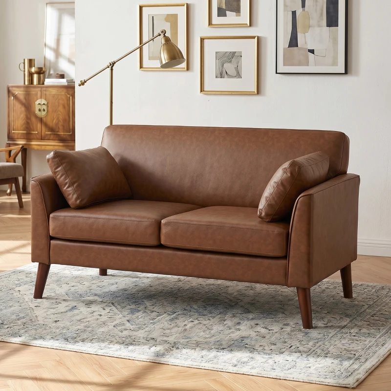 HOMCOM 2 Seater Sofa, 132 cm Modern Small Sofa with Solid Wood Legs and 2 Pillows for Small Space, Brown