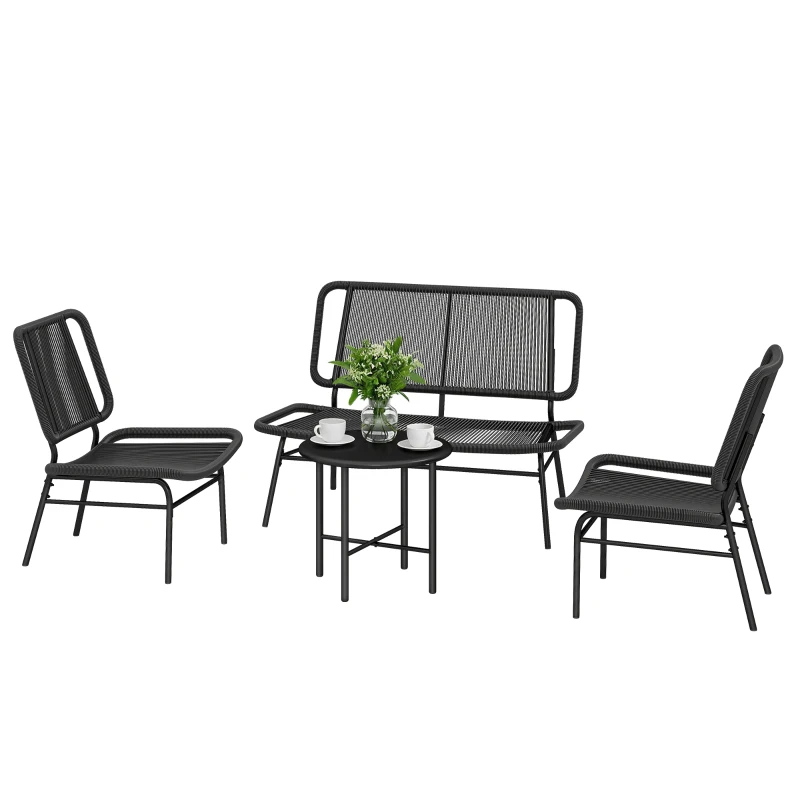 Outsunny Set Mobilier Grădină Ratan 4 Piese, Canapea pentru Exterior cu Măsuță Metalică, Negru
