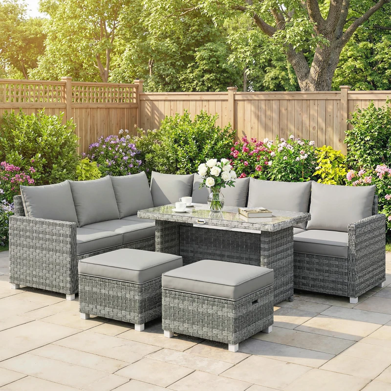 Outsunny 6 Seater Rattan Garden Furniture Set with 3 Sofas, 2 Footstools, Table, Patio Rattan Furniture Sofa Sets, Grey