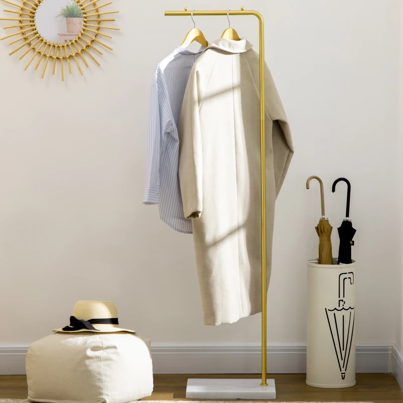 HOMCOM Portemanteau portant à vêtements 1,52 m - cadre en métal, base en marbre, pour chapeau, manteaux et sacs, doré et blanc