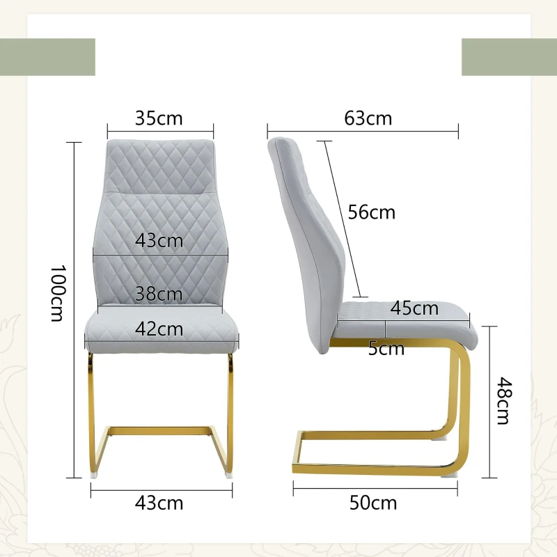 Chaise de salle à manger matelassée motif losange, dossier haut ergonomique, lot de 2, 43x63x100 cm, Gris clair