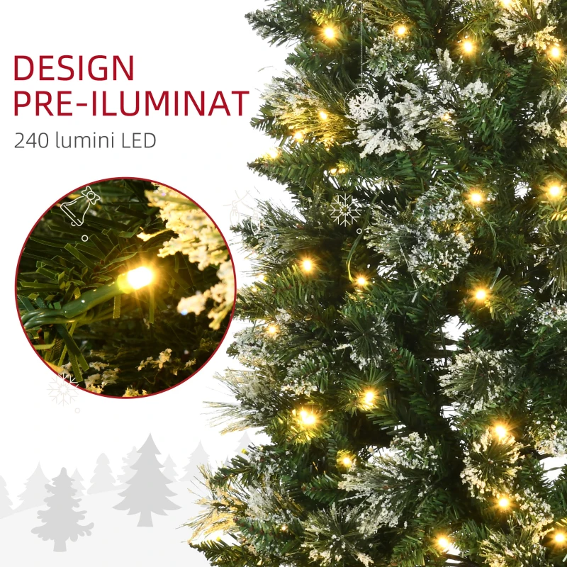 HOMCOM Brad de Craciun 180cm Artificial cu 240 Lumini LED si 618 Ramuri, Brad Acoperit cu Zapada Inalt si Ingust cu Postament din Otel