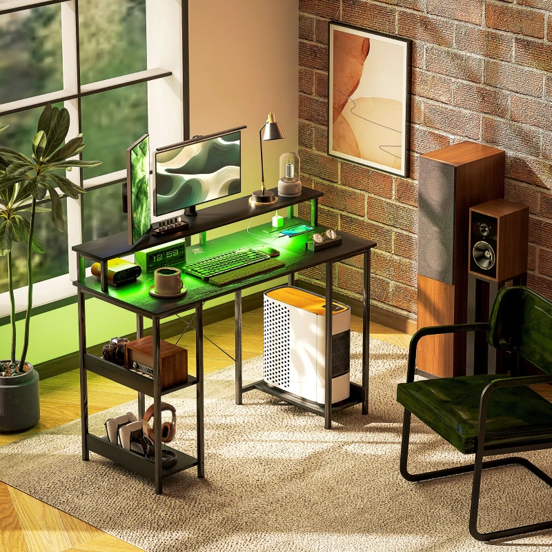 HOMCOM LED Computer Desk, with Power Outlets and Shelves - Black