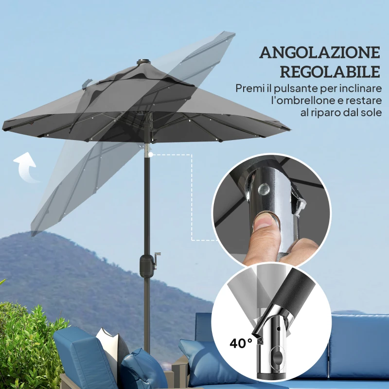 Outsunny Ombrellone doppio con Base a crocee Luci Solari, 295x150x219cm, Grigio