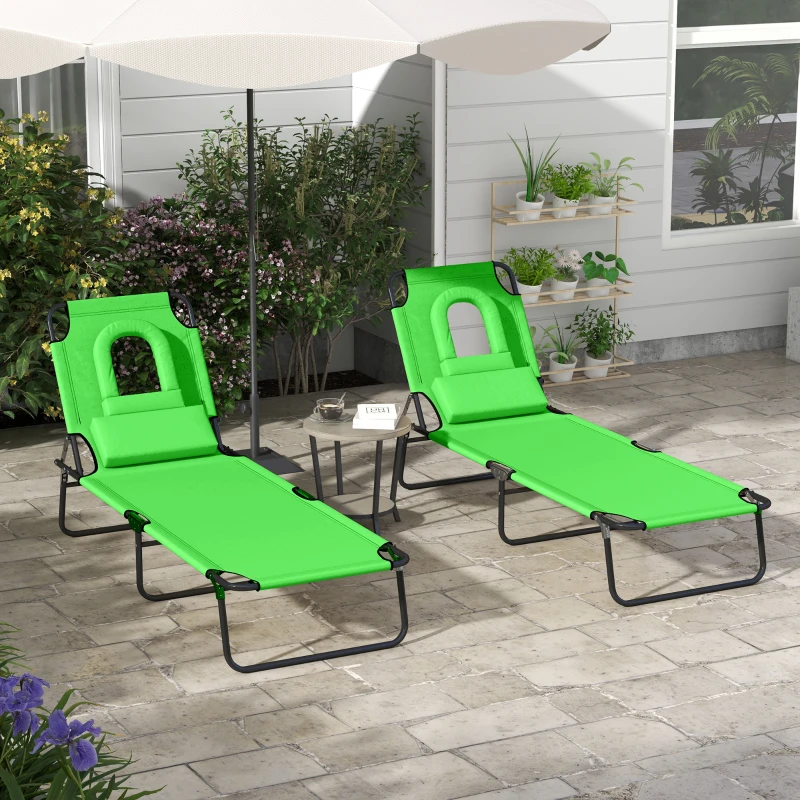 Outsunny Folding Sun Loungers Set of 2 with Face Hole, 4-Position Adjustable Backrest Garden Recliner Chair Sunbed, Outdoor Lounge Chair with 500 D Oxford Cloth Seat, Pillow for Beach, Green