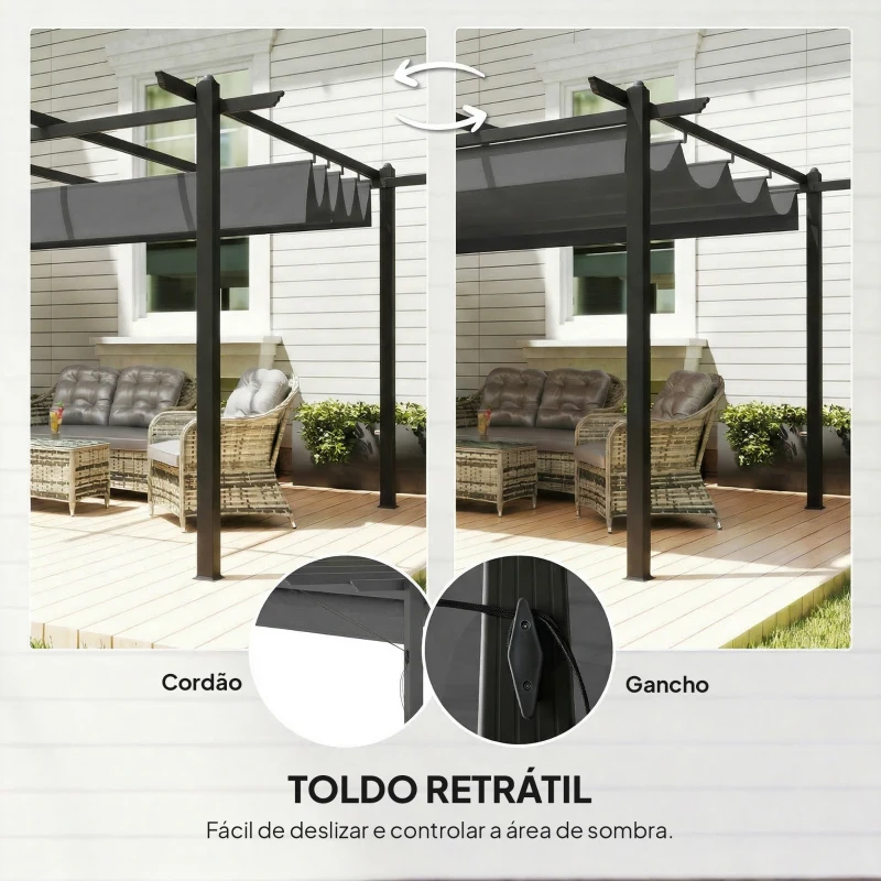 Outsunny Pérgola de Jardim 4x3 m com Telhado Retrátil Estrutura de Alumínio UPF30+ Orifícios de Drenagem Cinza