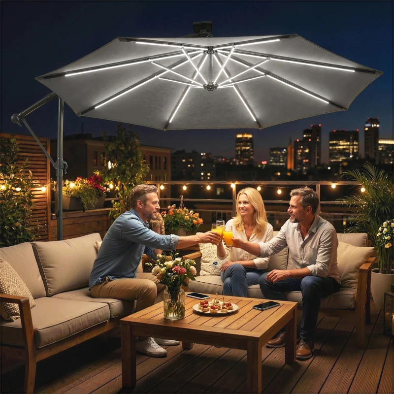 Outsunny 3 m Garden Cantilever Parasol with LED Solar Light, Round Overhanging Umbrella with 360° Rotation, Cover, Grey